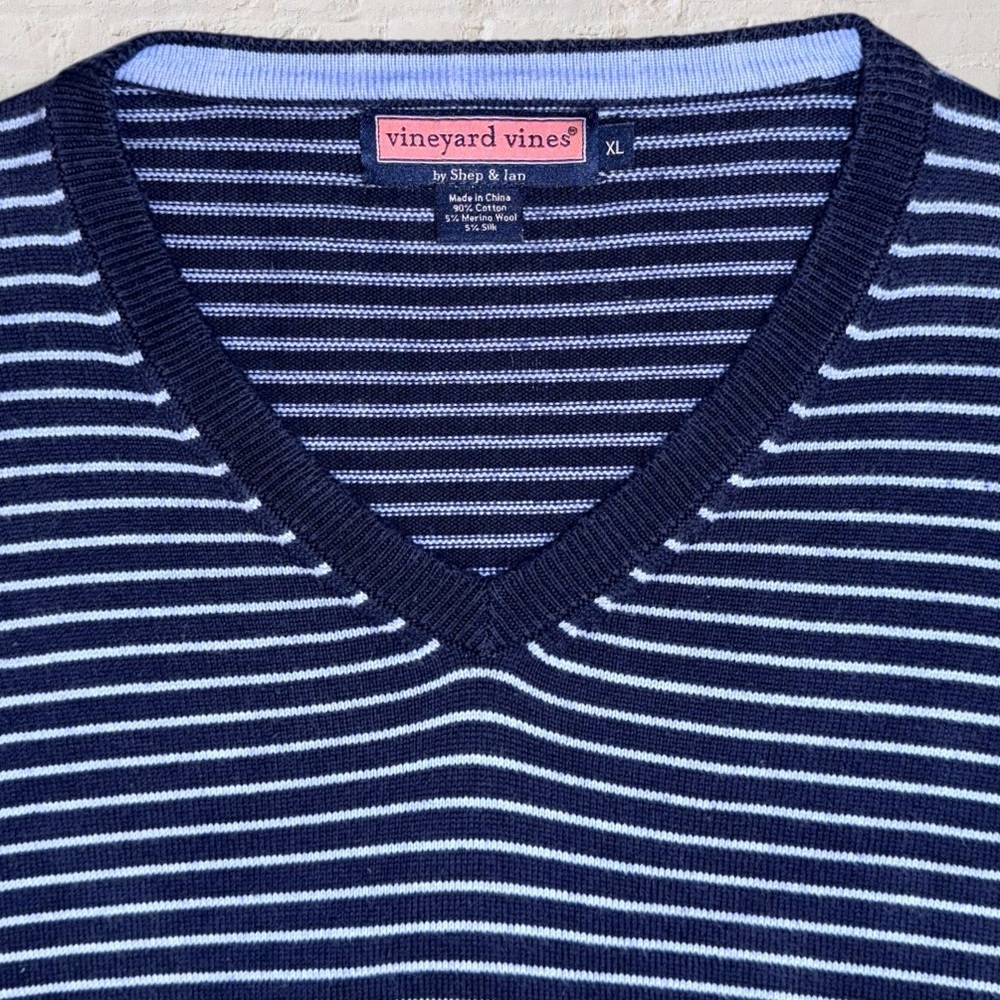 Vineyard Vines Stripe V-Neck Sweater Navy Blue Cotton Wool Silk XL